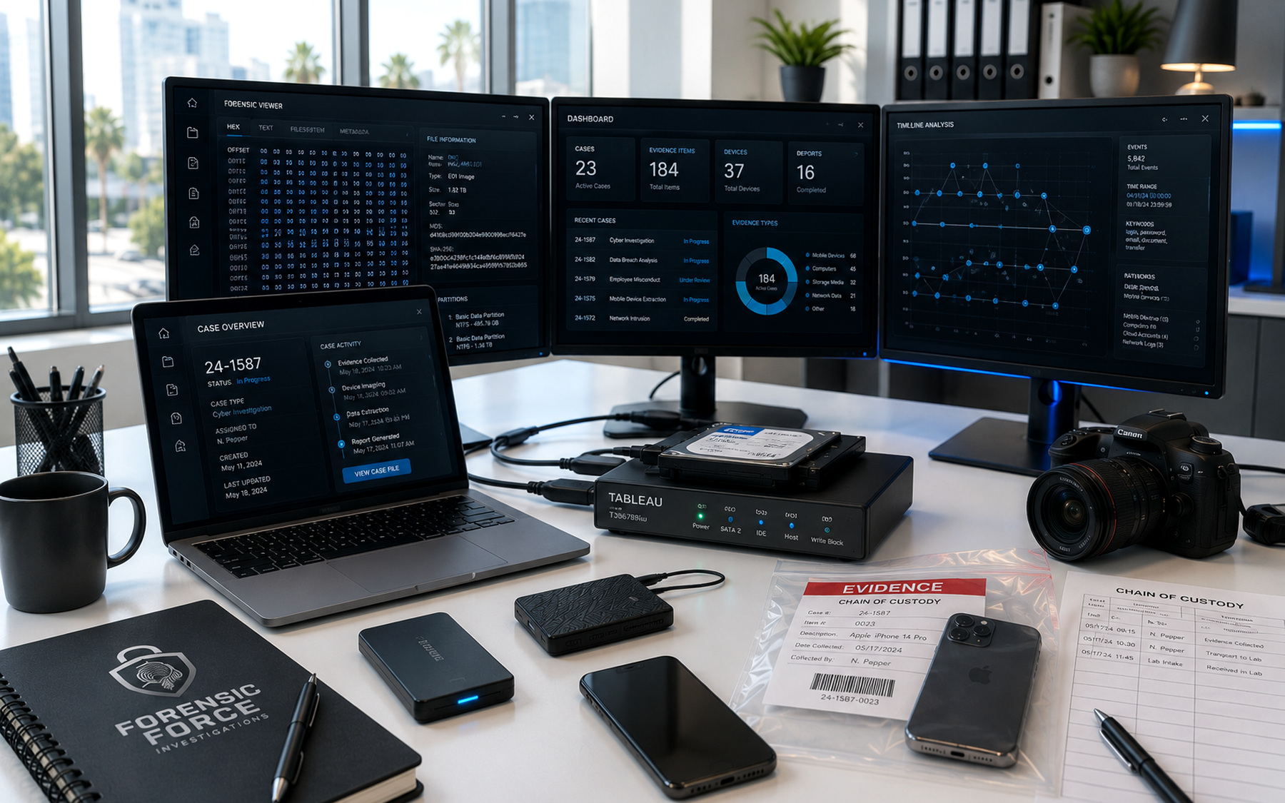 Modern digital forensic investigation workspace with evidence handling equipment
